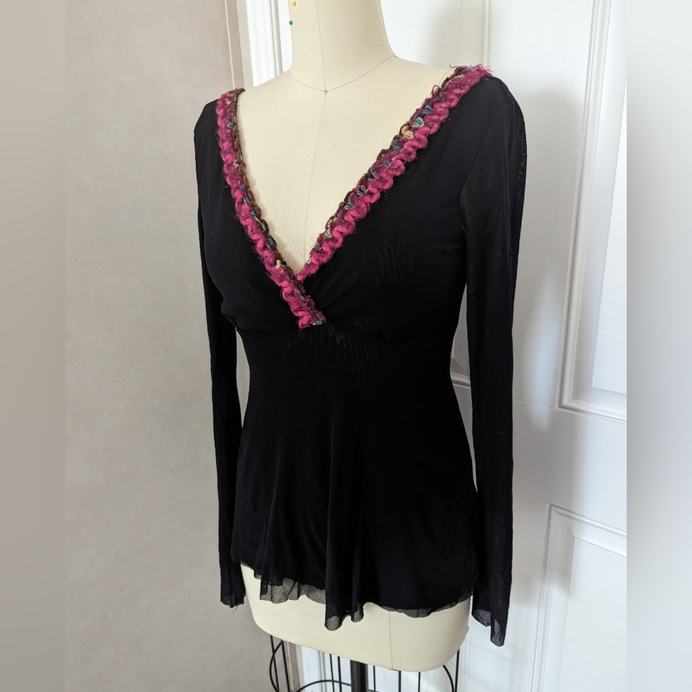 Sweet Pea Mesh Long Sleeve Blouse with Neckline Trim - Picture 3 of 6